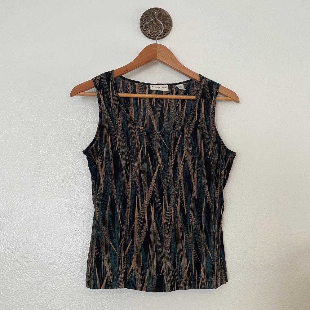 Amanda Smith Womens 100%‎ Silk Tank Top Abstract Print Black Teal Bronze Size M